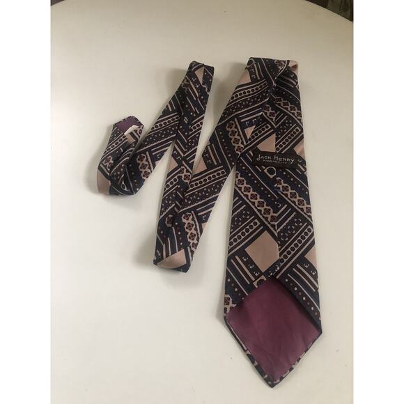 Jack Henry Men’s All Silk Necktie Geometric Tan & Black 58x4” Vintage Kansas - Picture 3 of 4